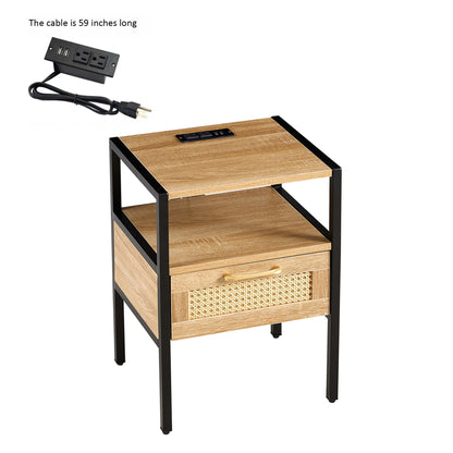 Rattan End table with Power Outlet  & USB Ports Modern nightstand  - Natural