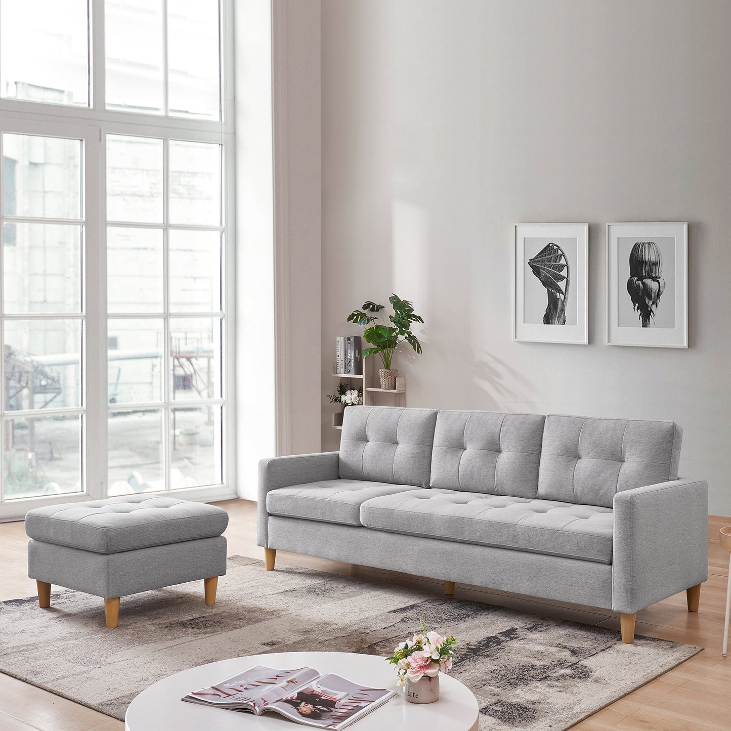 Vero Convertible Sectional Sofa with Ottoman - Light Grey