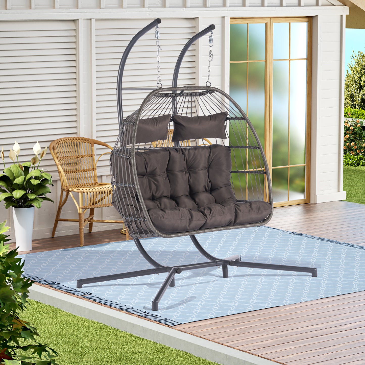 2 Person Outdoor Rattan Hanging Chair Patio Wicker Egg Chair