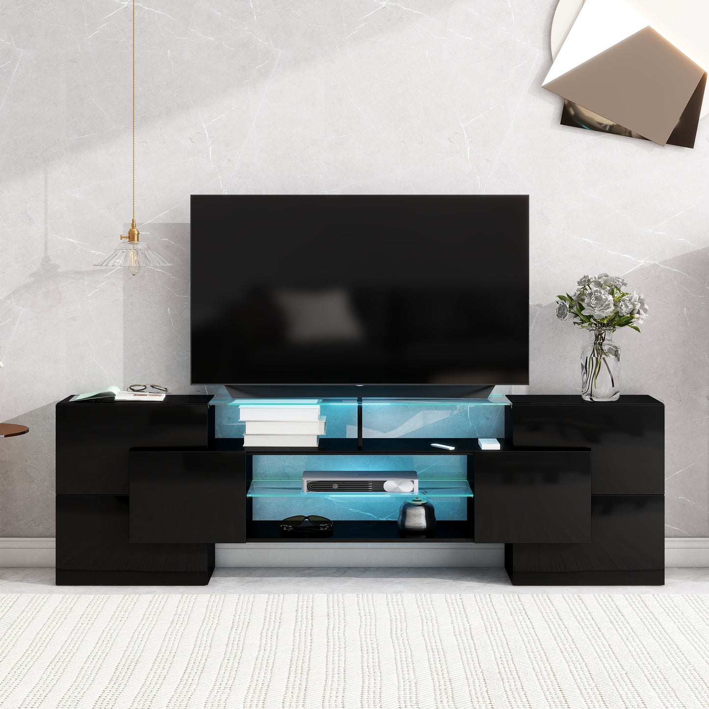 Trax TV Stand with 2 Illuminated Glass Shelves - Black