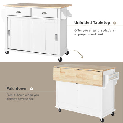 Culinary  Kitchen Cart with Countertop With Barn Door - White