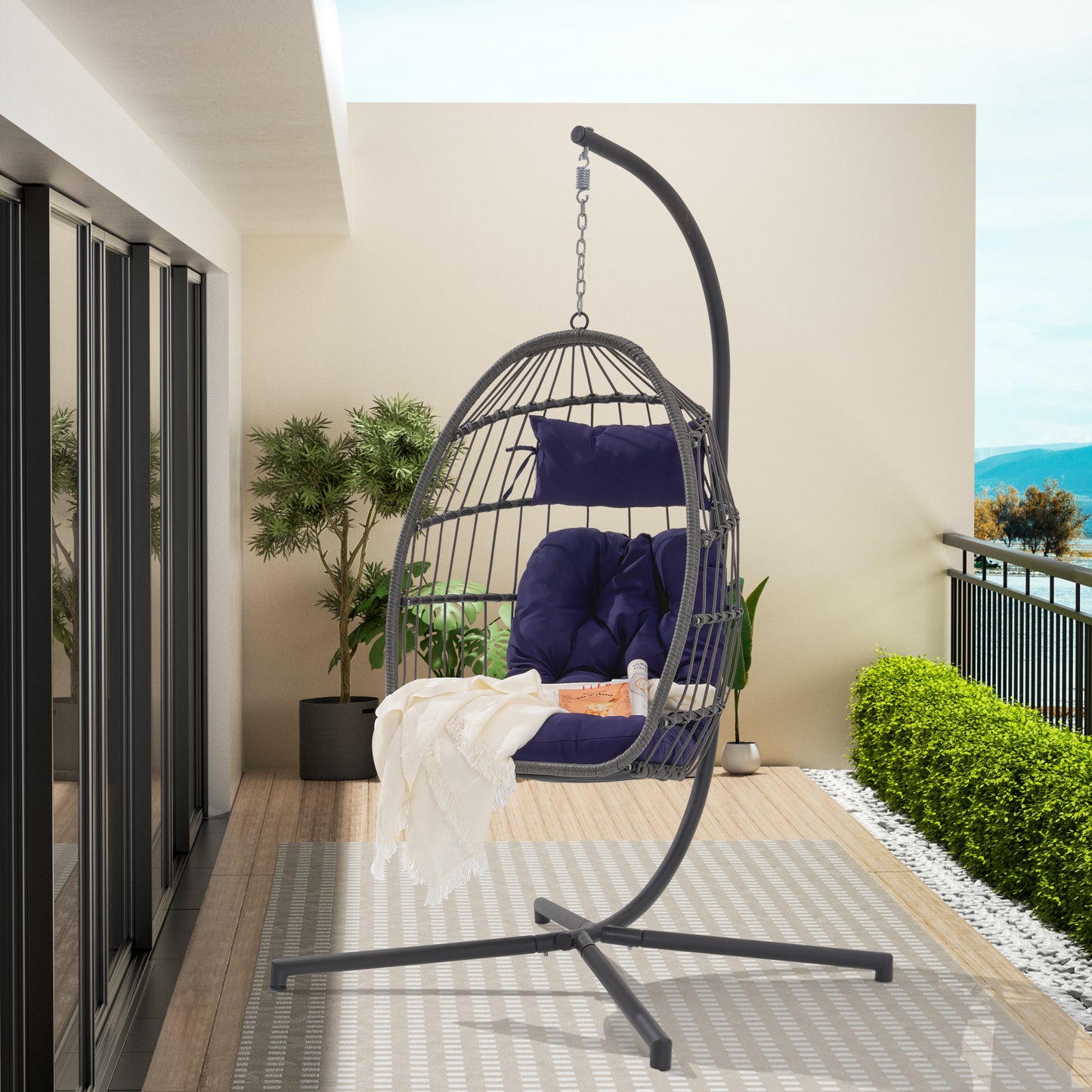 Feji Outdoor Rattan Egg Swing Chair with Stand - Dark Blue