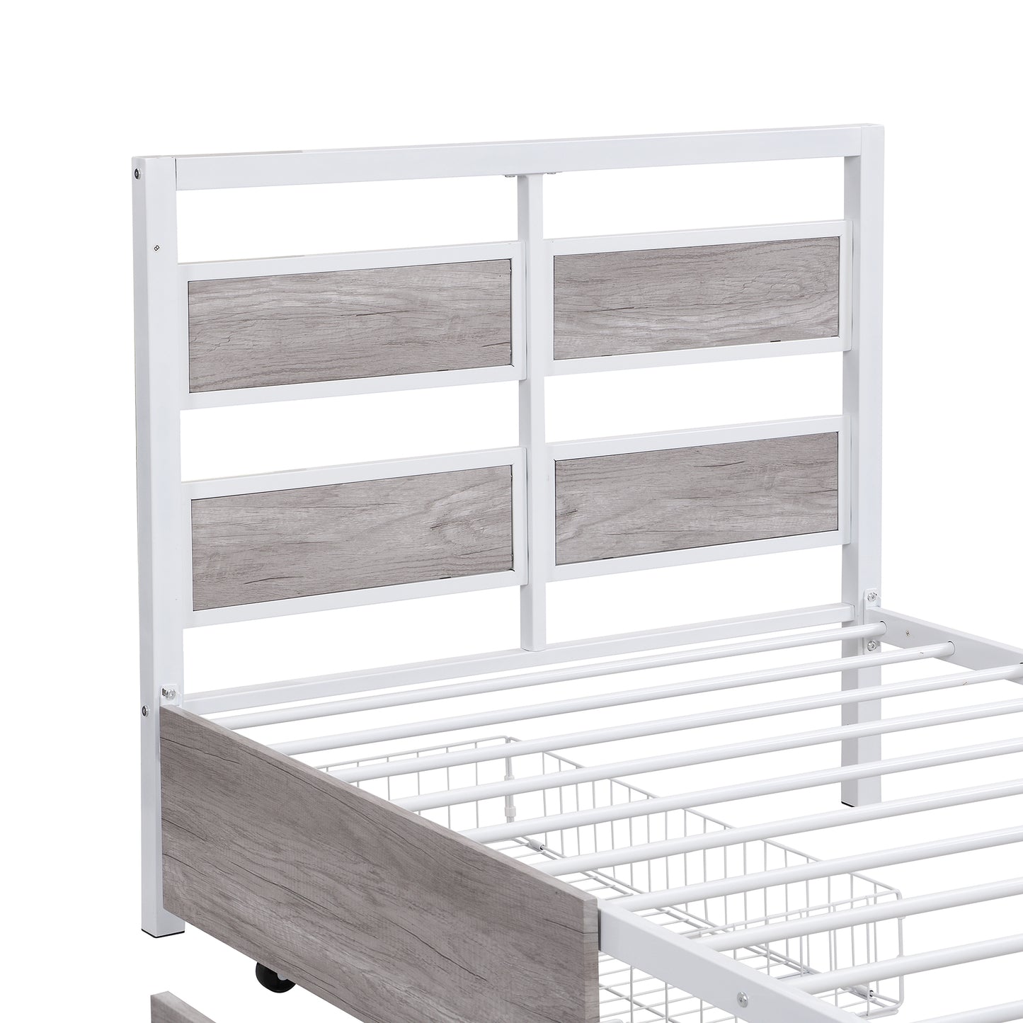 Rosy Twin Size Metal Platform Bed w Rotatable TV Stand - White