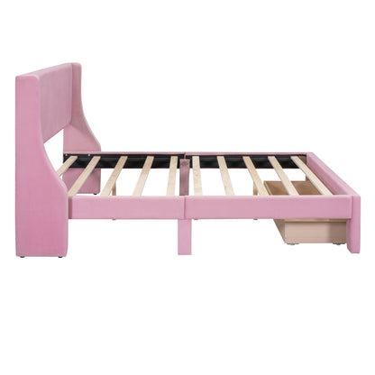 Renni Queen Size Velvet Platform Bed Frame with Drawer - Pink