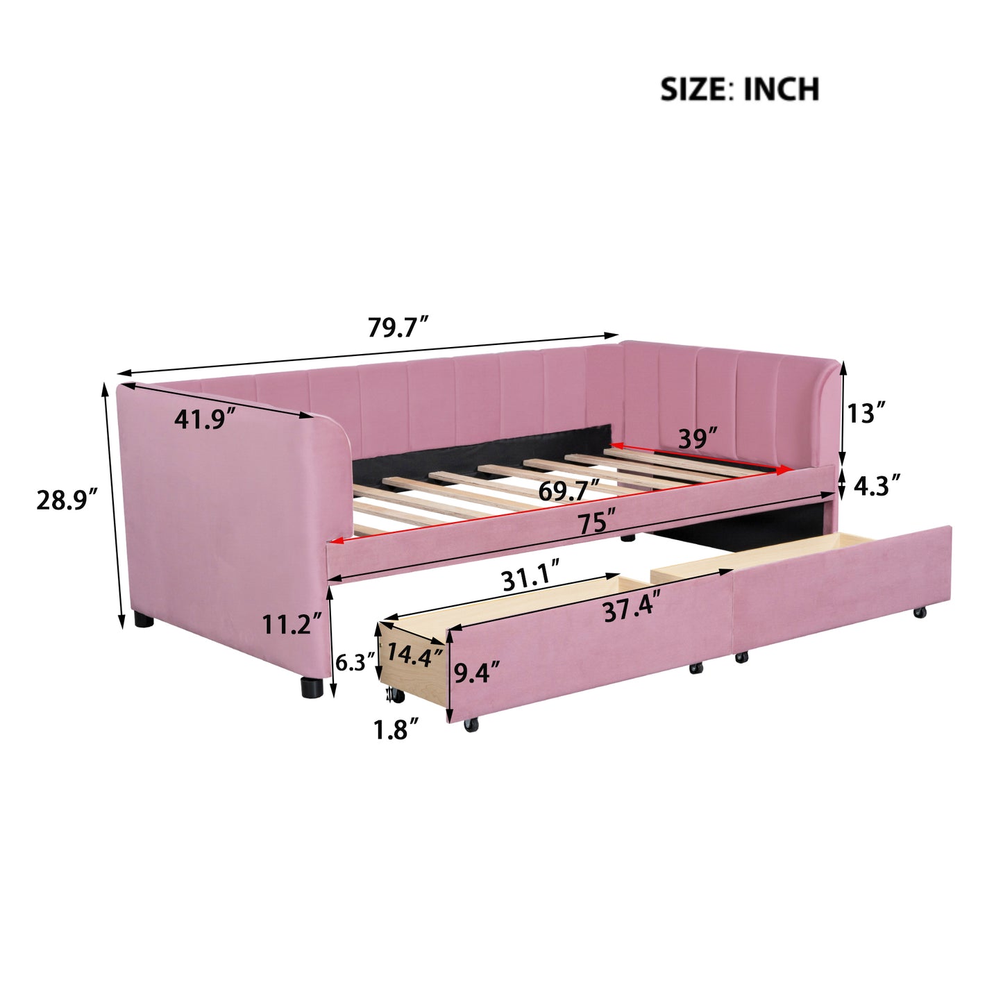 Tano Twin Size Upholstered Daybed with Drawers - Pink