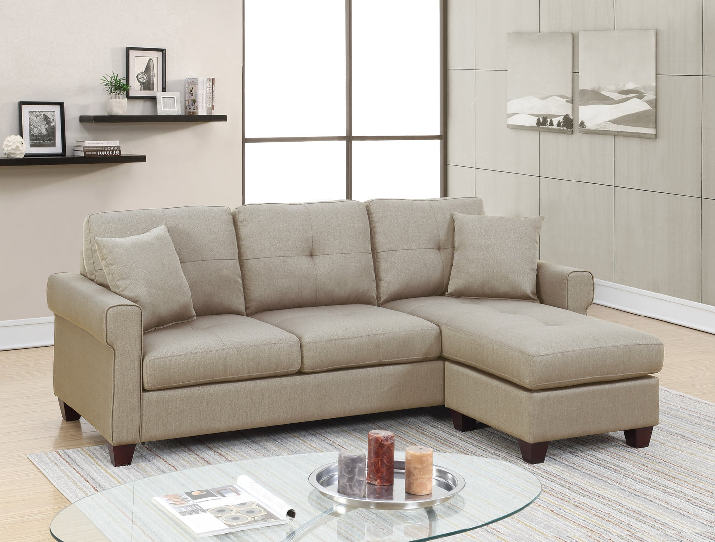 Freya Tufted Cushion Sectional Sofa Chaise  -  Beige