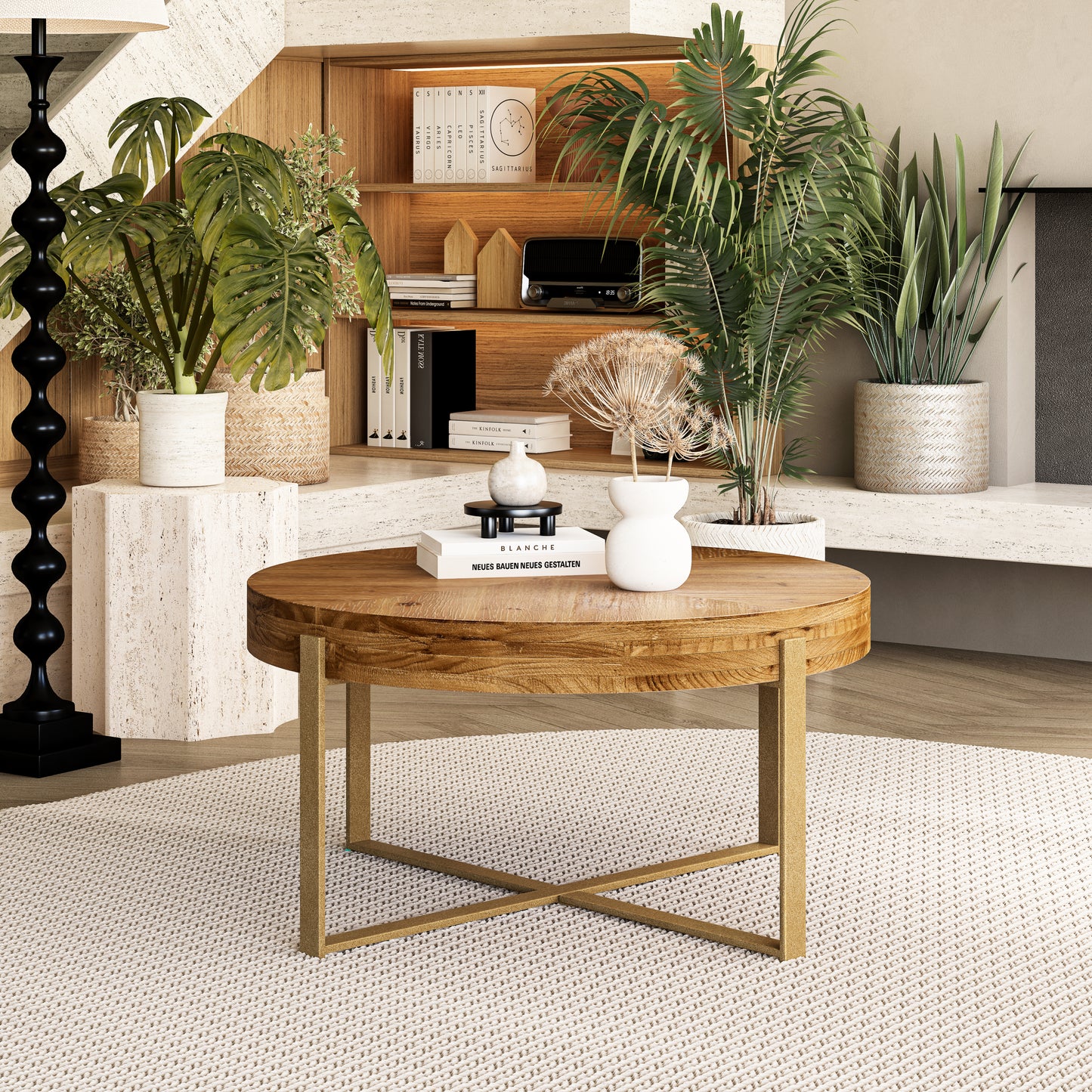 Fir Wood Table Top 33.86"  Coffee Table - Gold