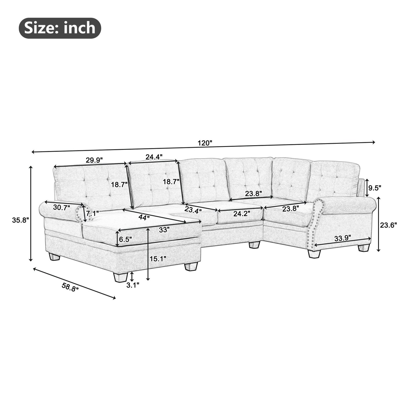 Aisha Modern U-Shaped Corner Sectional Sofa - Gray