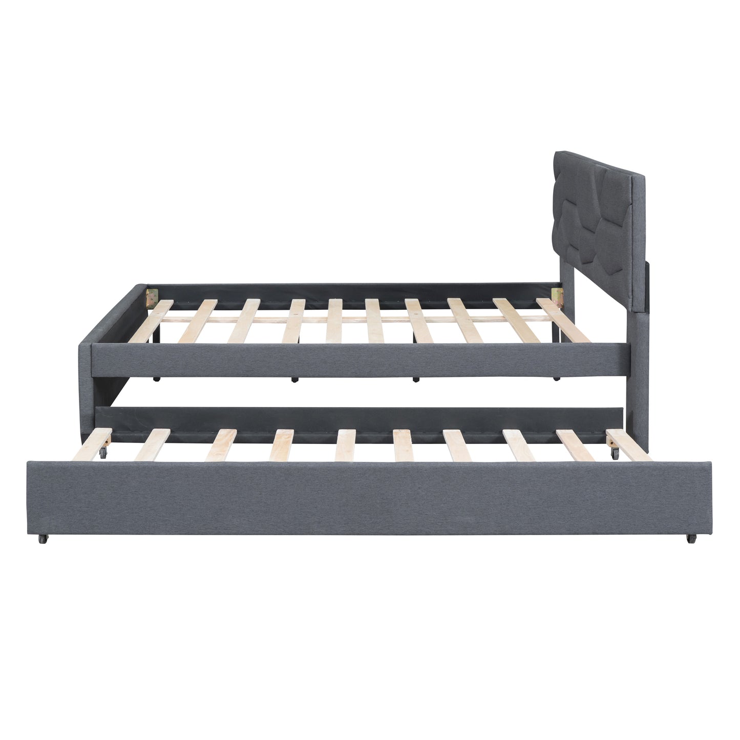 Brick Full Size Upholstered Platform Bed with Twin Size Trundle - Gray