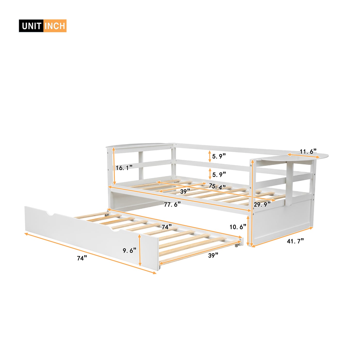 Tumo Twin Size Daybed with Trundle and Foldable Shelves - White