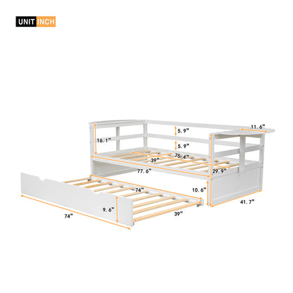 Tumo Twin Size Daybed with Trundle and Foldable Shelves - White