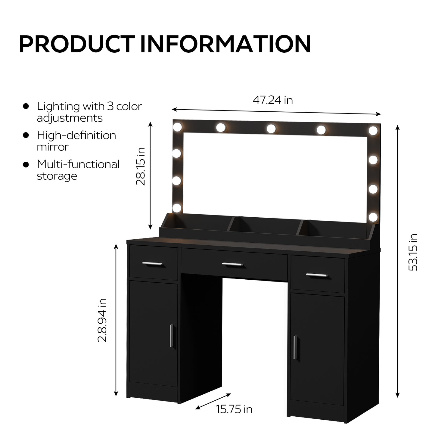 Astrid Makeup Vanity Table With Large Mirror and 3 Colour Lighting  - Black