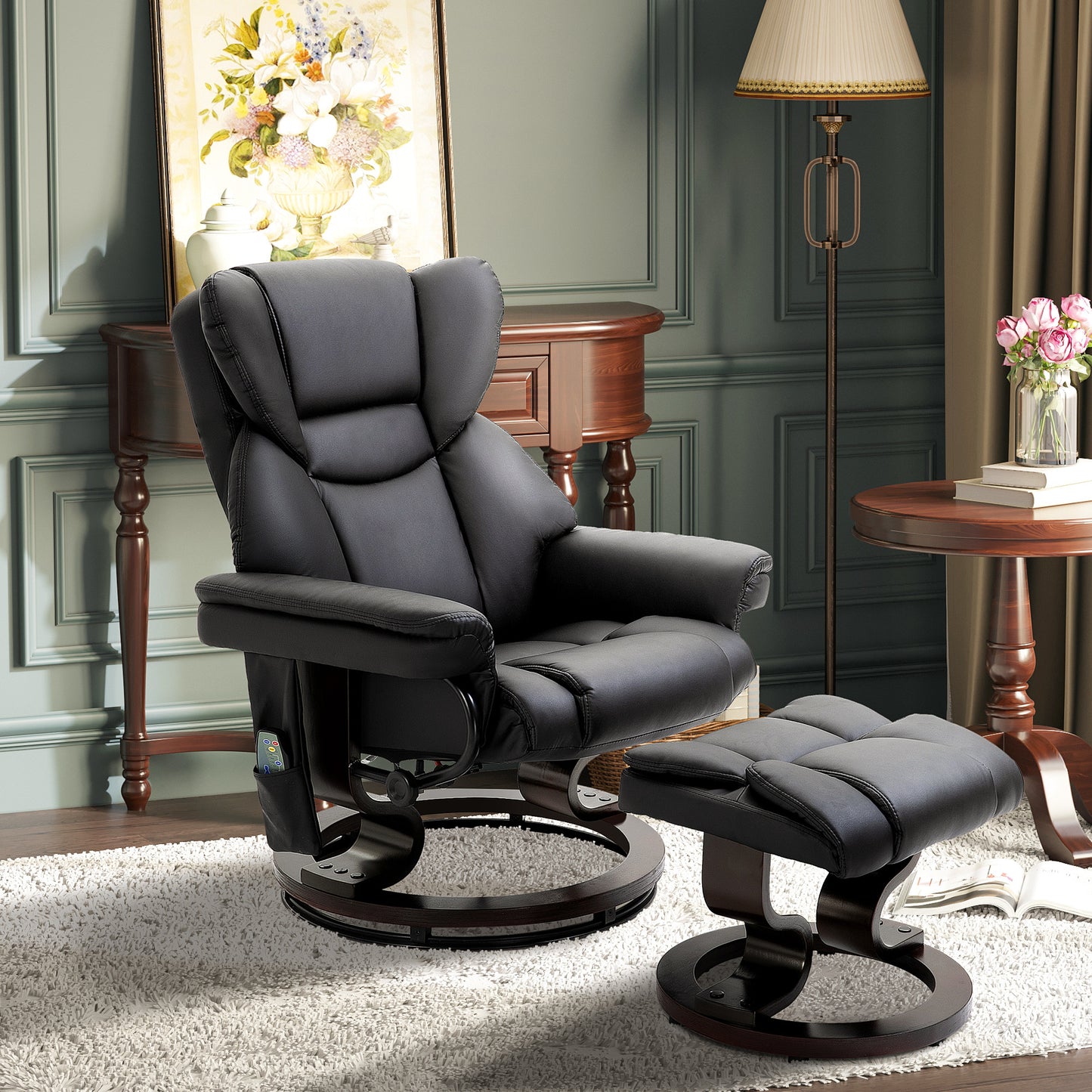 Valentina Massage Recliner Chair with Ottoman Footrest - Black