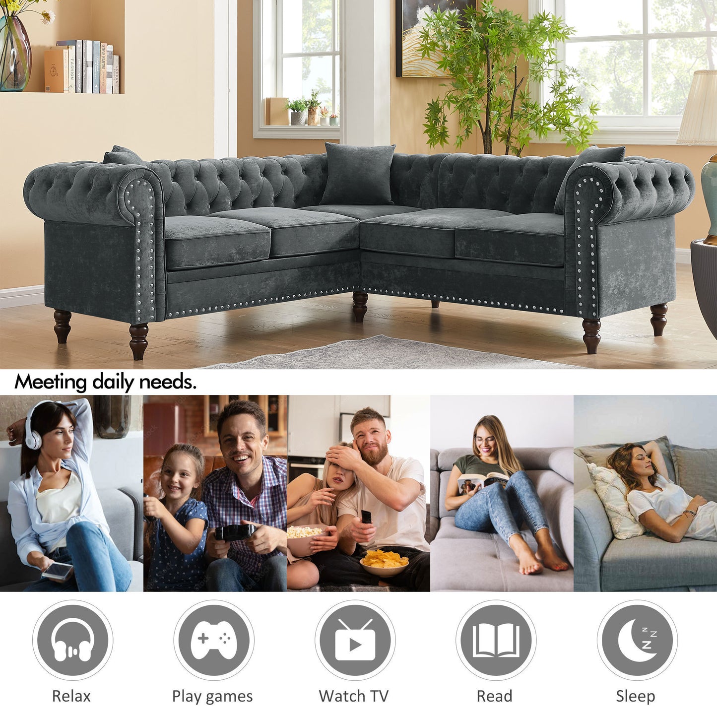 Nest Velvet Button Tufted L-shaped Sofa - Gray