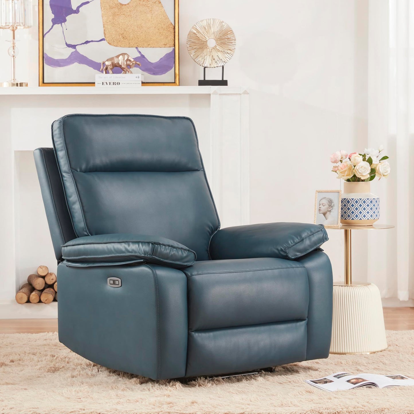 Emma Oversized Leather Power Recliner with USB Port - Dark Blue