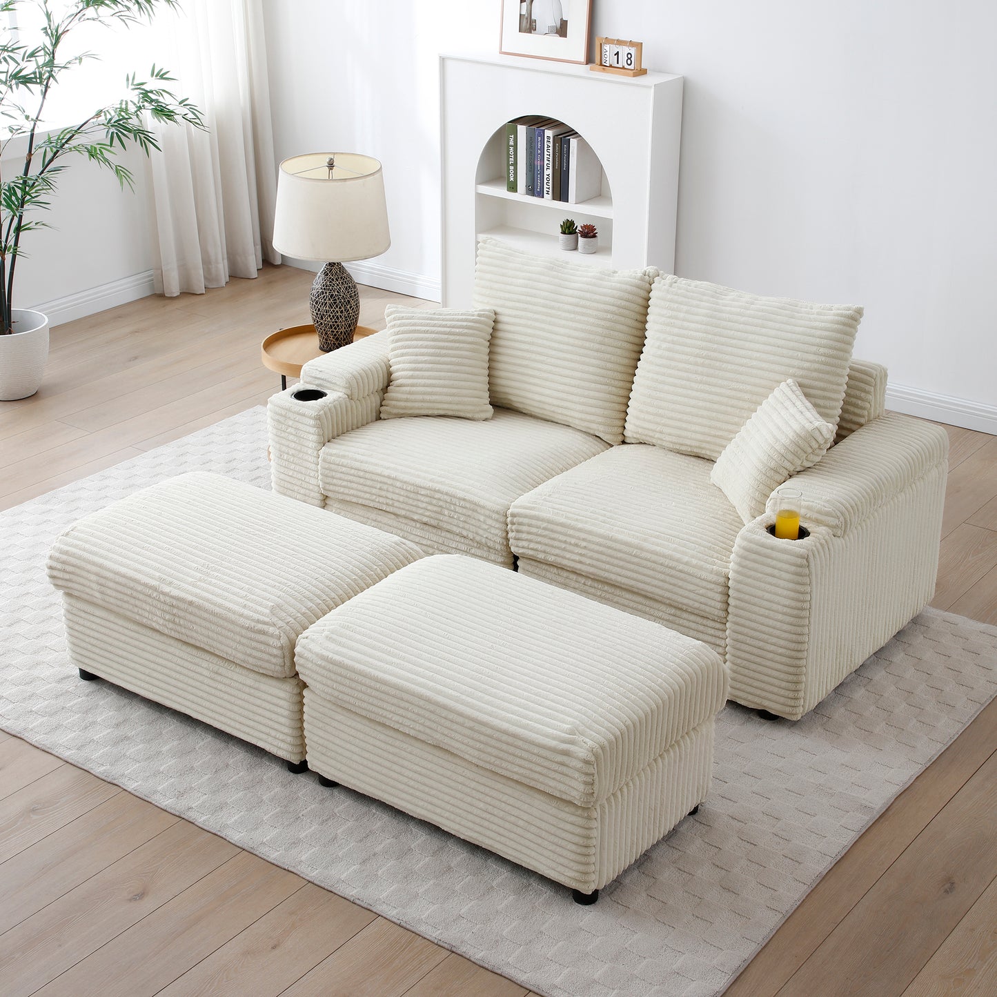 Brianna Loveseat with Ottomans - Cream