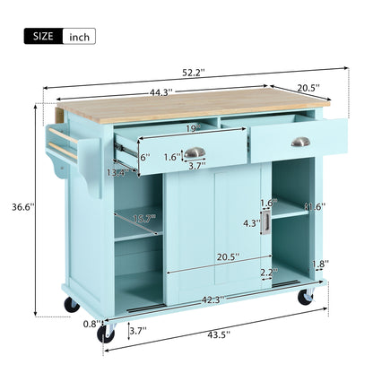 Culinary  Kitchen Cart with Countertop With Barn Door - Mint Green