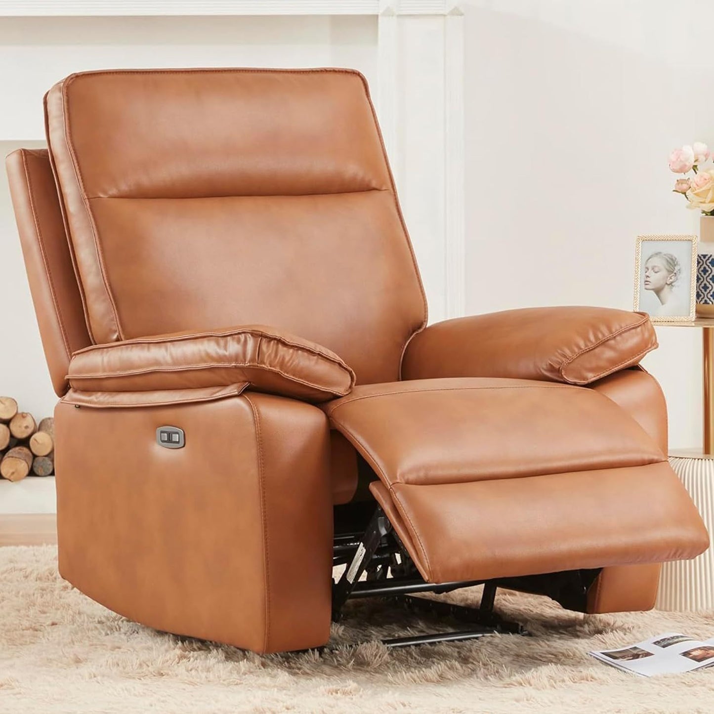 Emma Oversized Leather Power Recliner with USB Port - Caramel