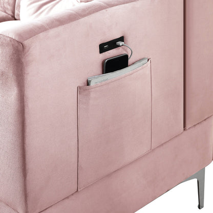 Chloe Velvet Sectional Sofa Chaise with USB Charging Port - Pink