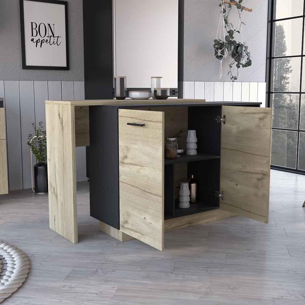 Sicilia Kitchen Island  Three Shelves  -Black + Oak