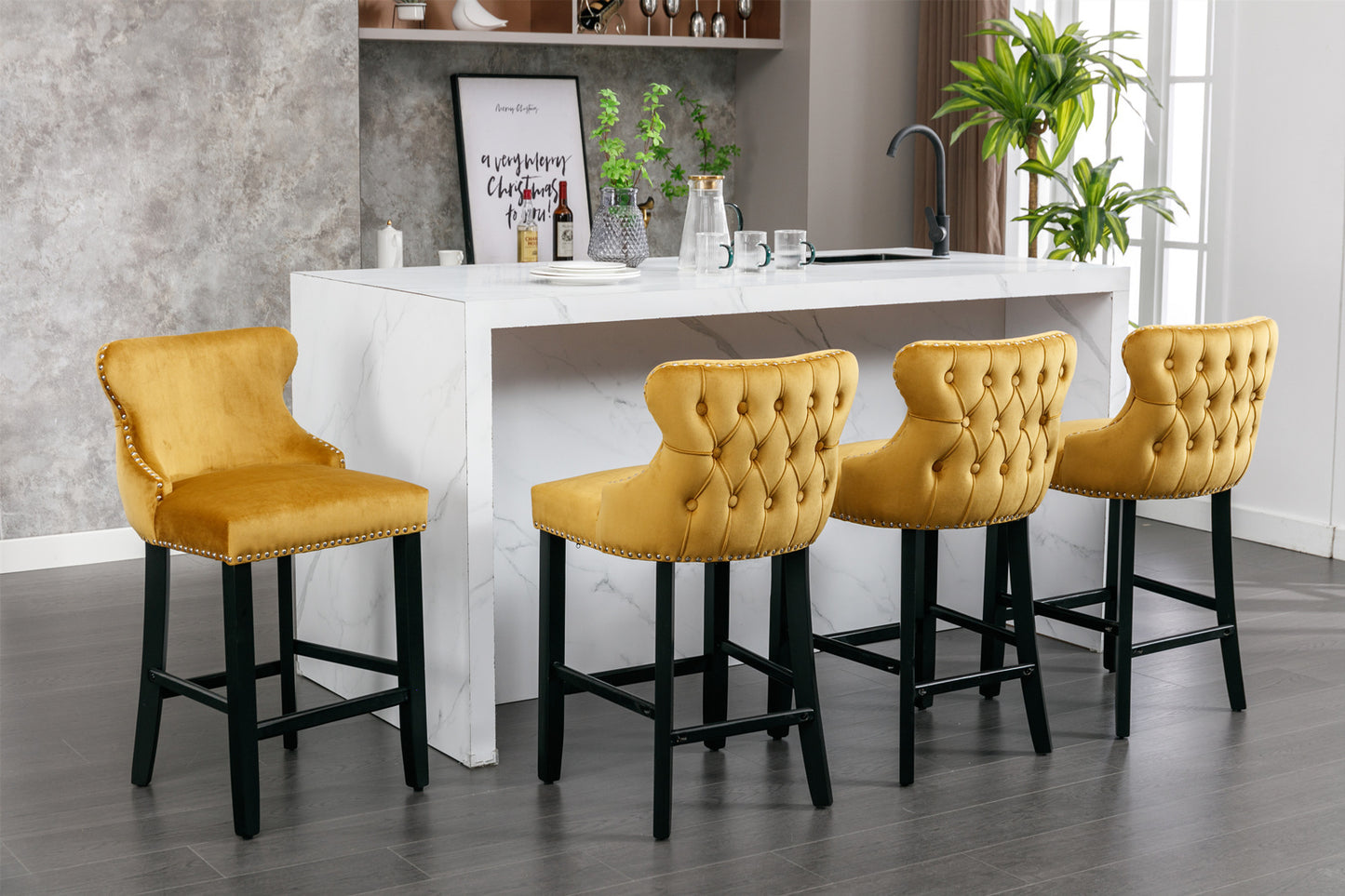 Family  Velvet Upholstered Wing-Back Bar Stools - Gold Set of 4