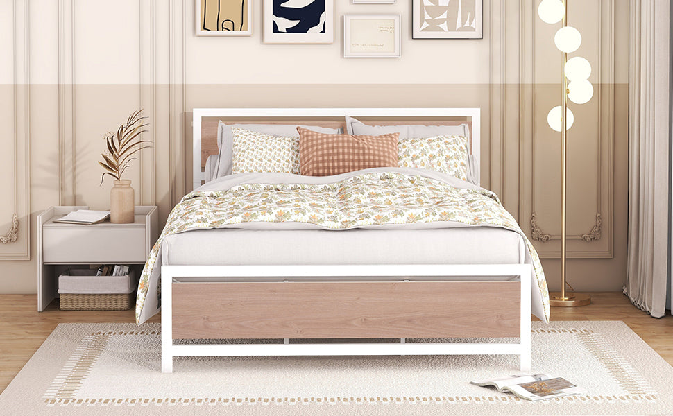 Quasar Queen Size Metal and Wood Platform Bed - White