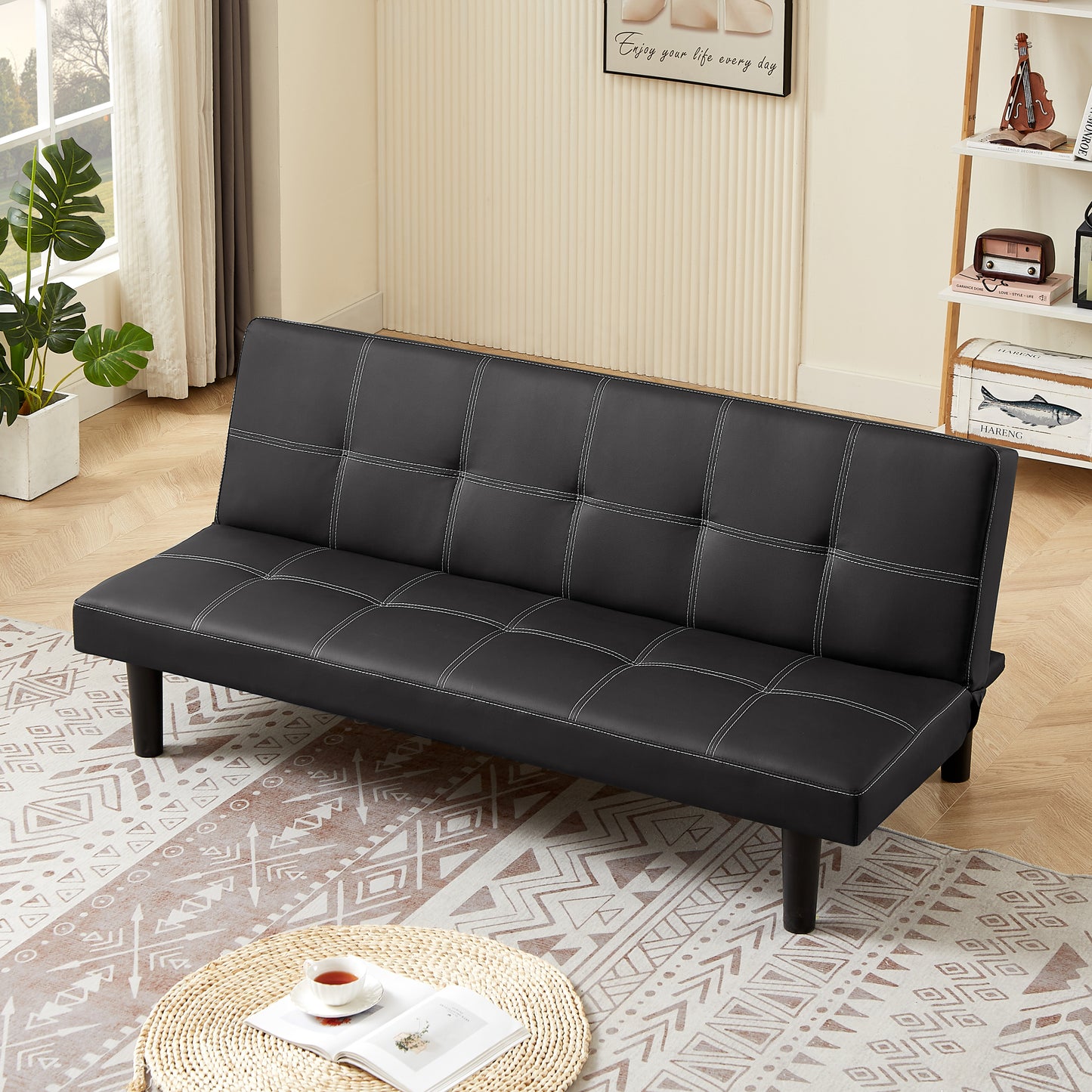 Bruno Black PU Convertible  Sofa Bed - Black