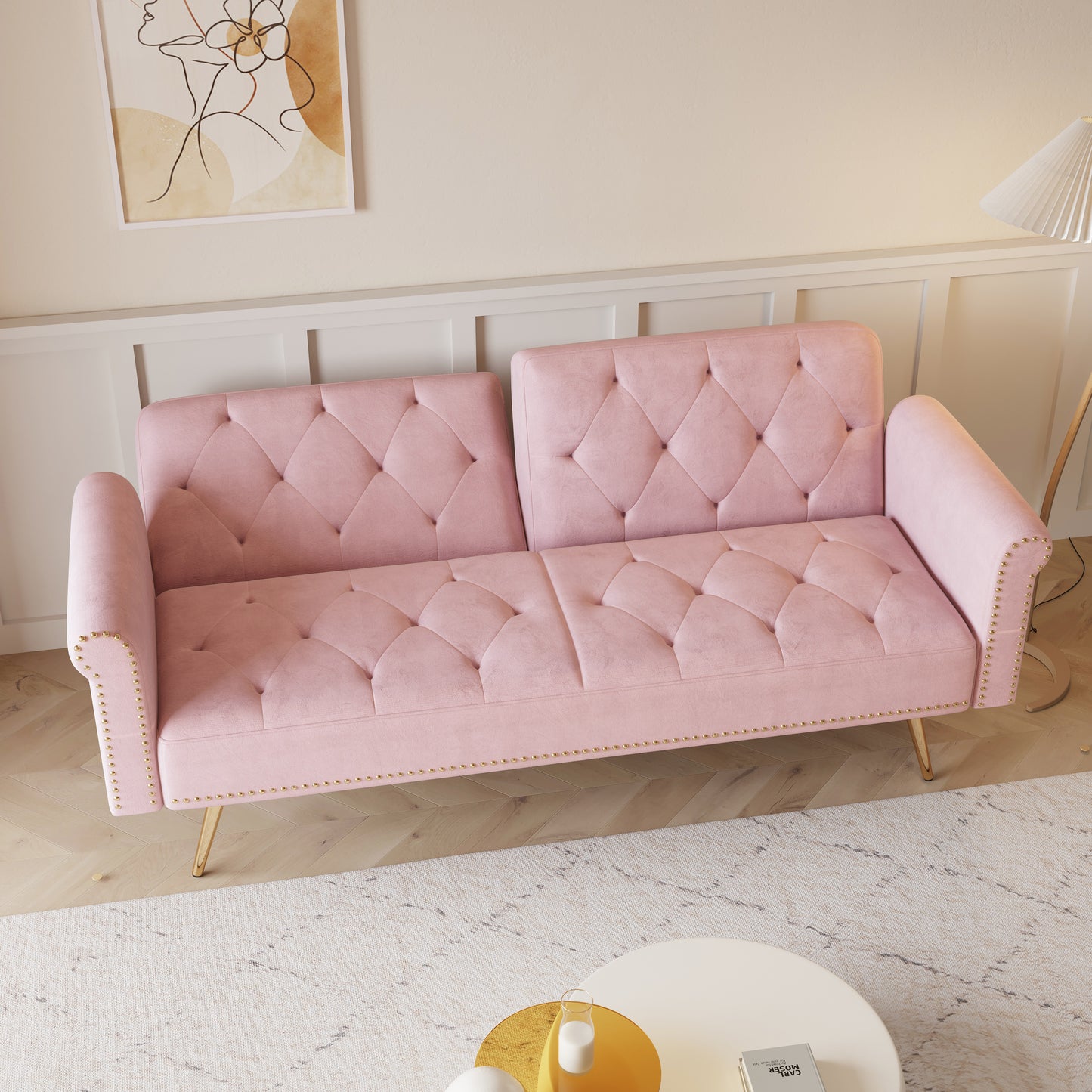 Uma Convertible Velvet Sofa Bed - Pink