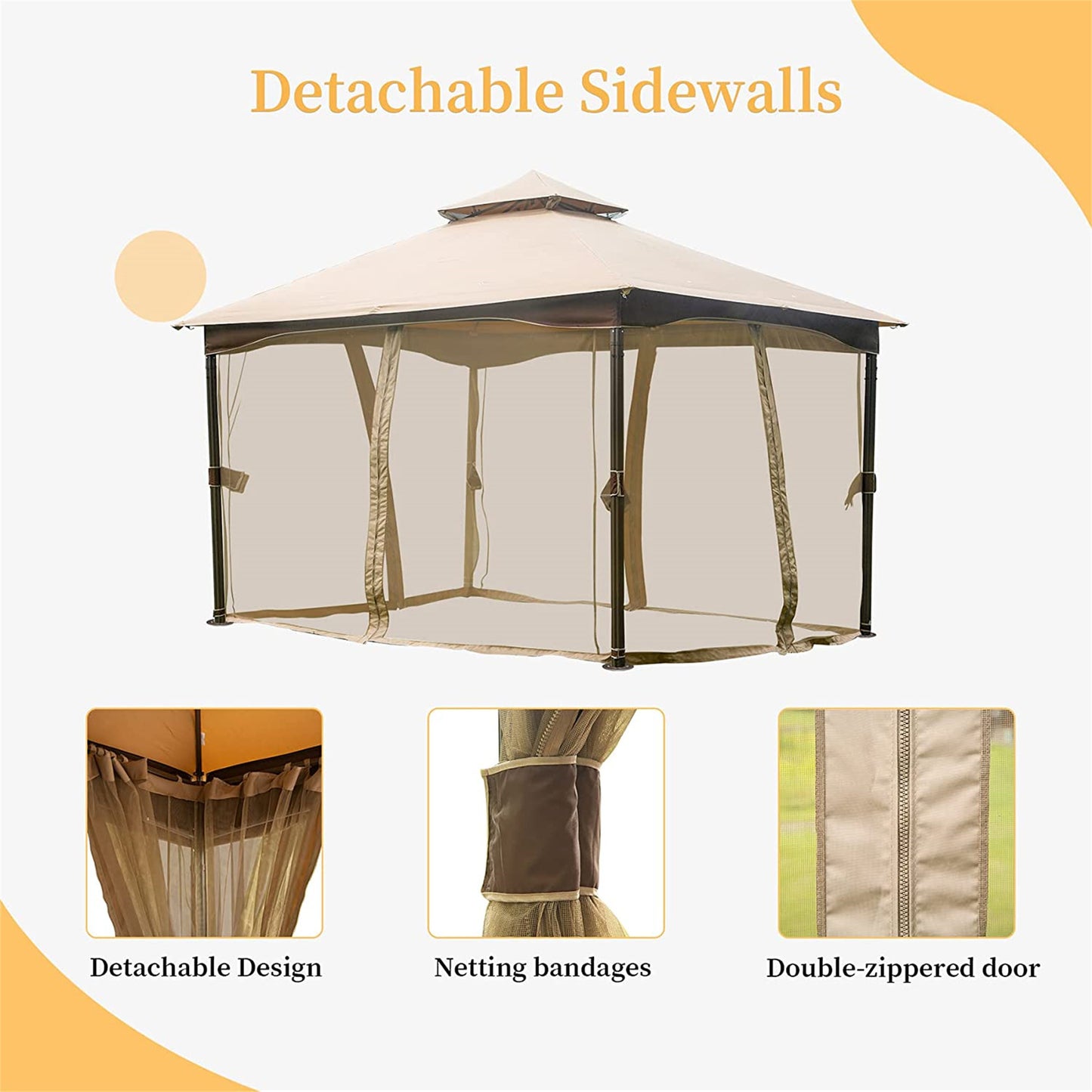 Mavis 10 x 13 ft Outdoor Gazebo with Mosquito Netting - Khaki