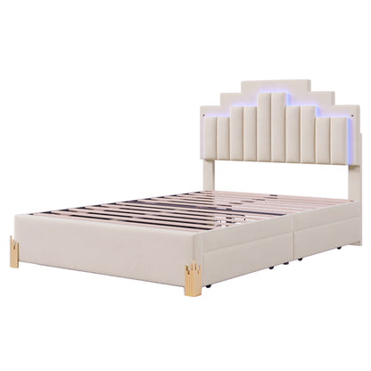 Neco Full Size Platform Bed with LED and 4 Drawers - Beige