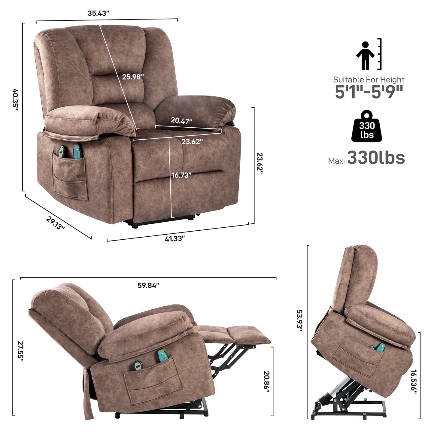 Harris Power Lift Recliner Chair with Massage - Brown