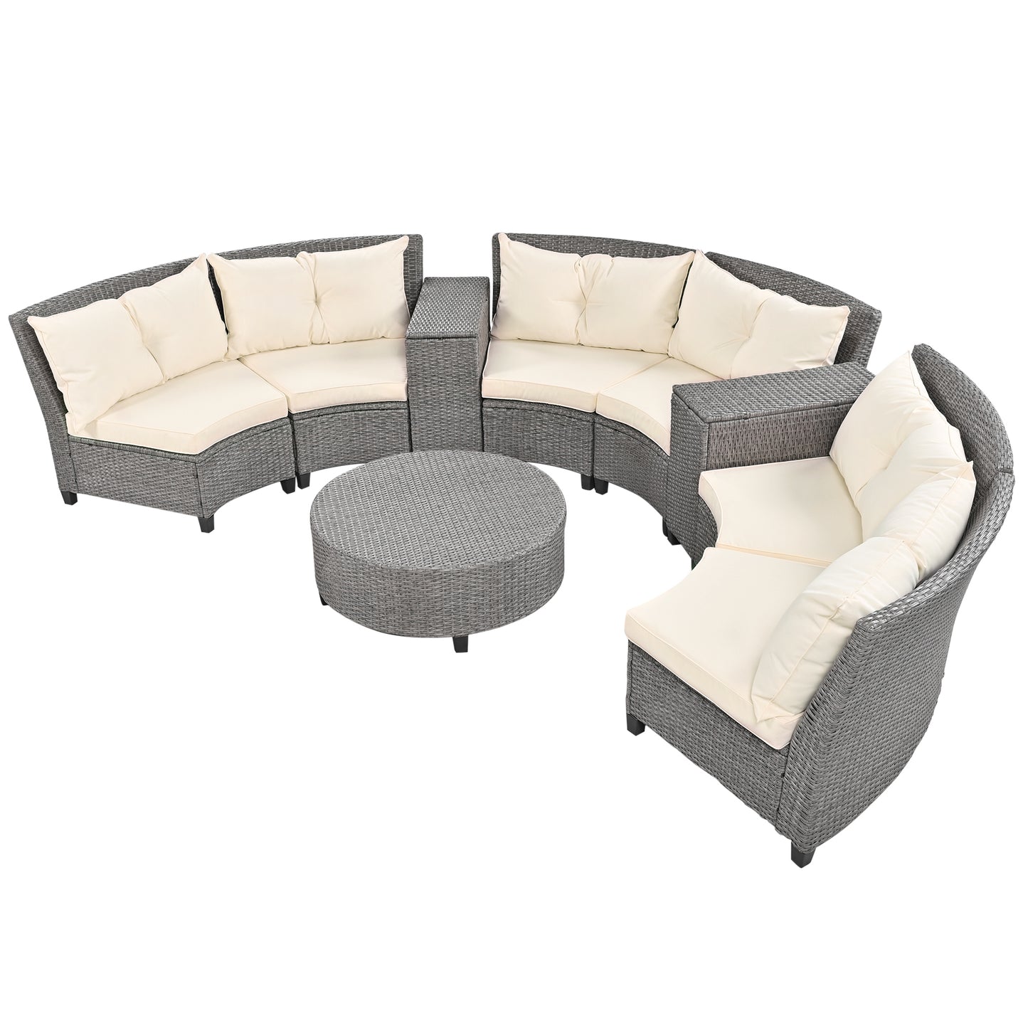 Hester 8 Pc Outdoor Rattan Wicker Half-Moon Sectional Sofa Set - Beige