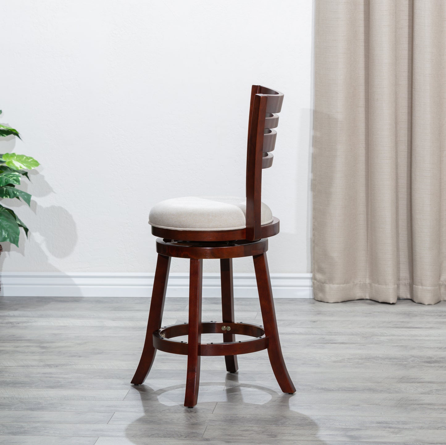 Counter Height Slat Back Swivel Stool, Cherry Finish, Beige Fabric Seatq