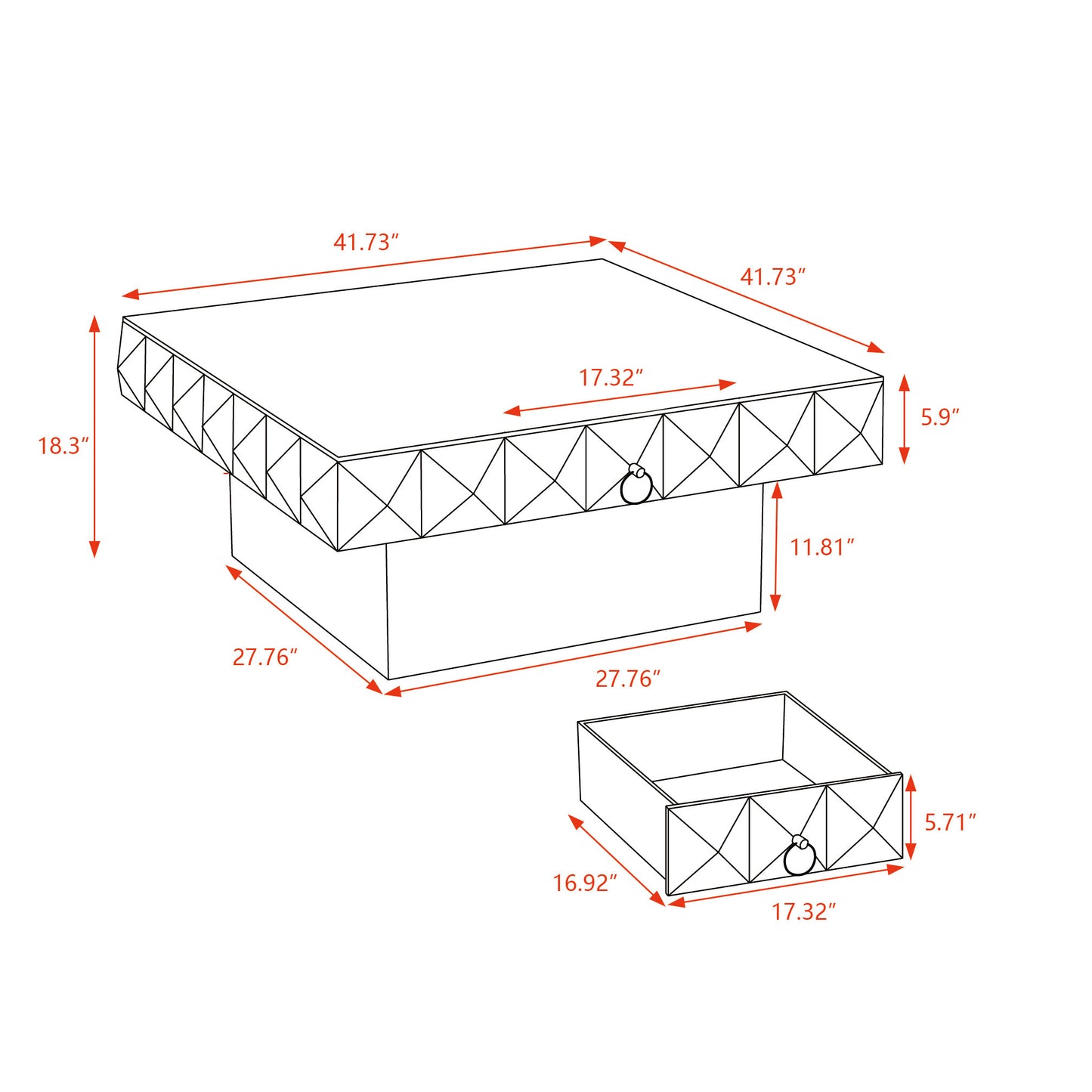 Embossed Pattern Square Retro Coffee Table with 2 Drawers