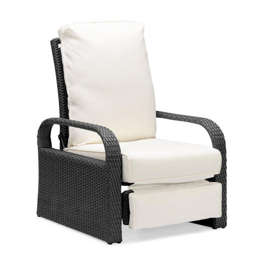 Parson Outdoor Adjustable Wicker Lounge Recliner Chair -  Gray Wicker + Beige Cushion