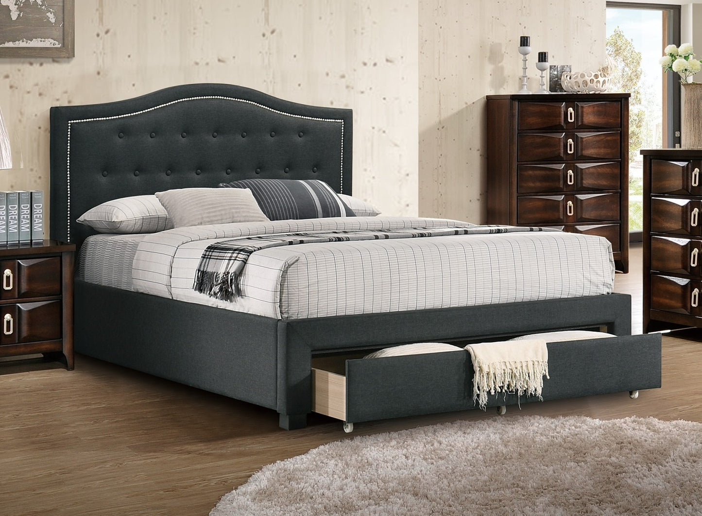 Imani Queen Size Bed w Drawer Button Tufted - Charcoal