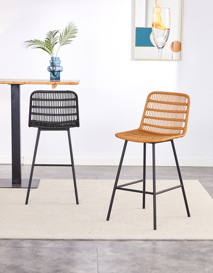 Rattan Counter Stool with Black Metal Frame -  Set of 2