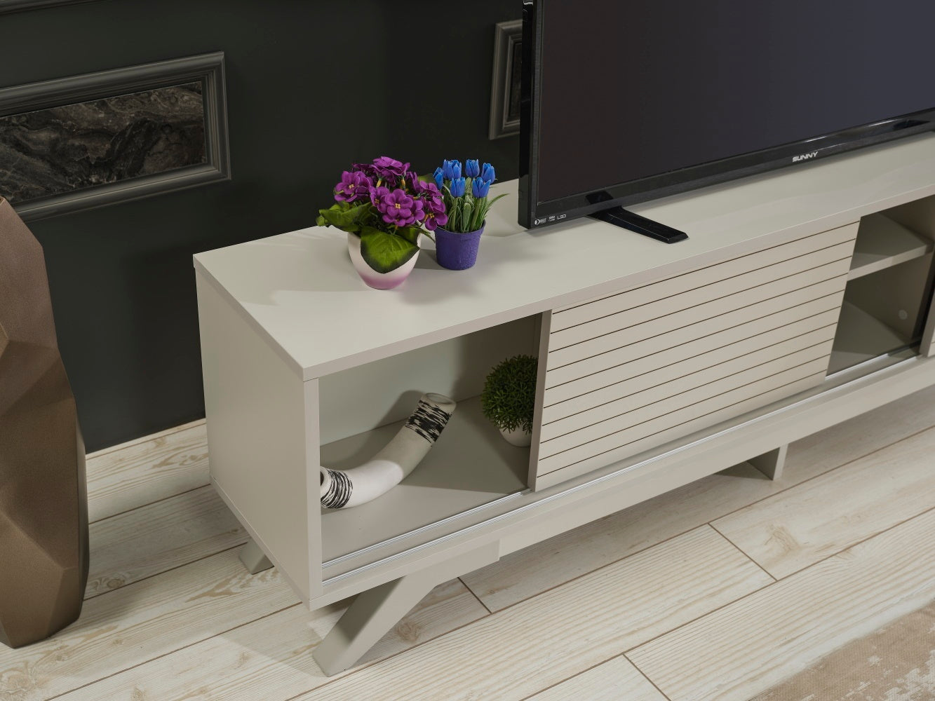 Luxia Mid Century Modern TV Stand 2 Sliding Door- Grey