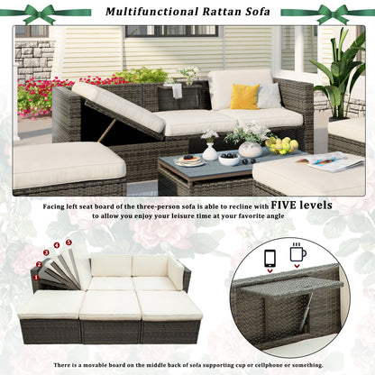 Ocie 5 Pc Outdoor Patio Rattan Sectional Sofa Set - Beige