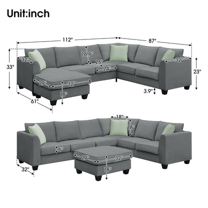 Harper Modular Sectional Sofa with Ottoman - Grey