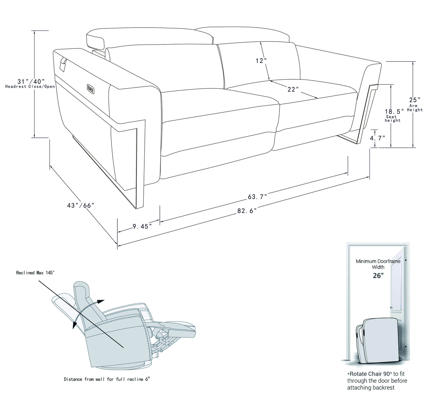 Regal Top Grain Italian Leather Sofa with Power Recliner - White