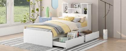 Taz Twin Size Platform Bed Frame with 4 Open Storage Shelves - White