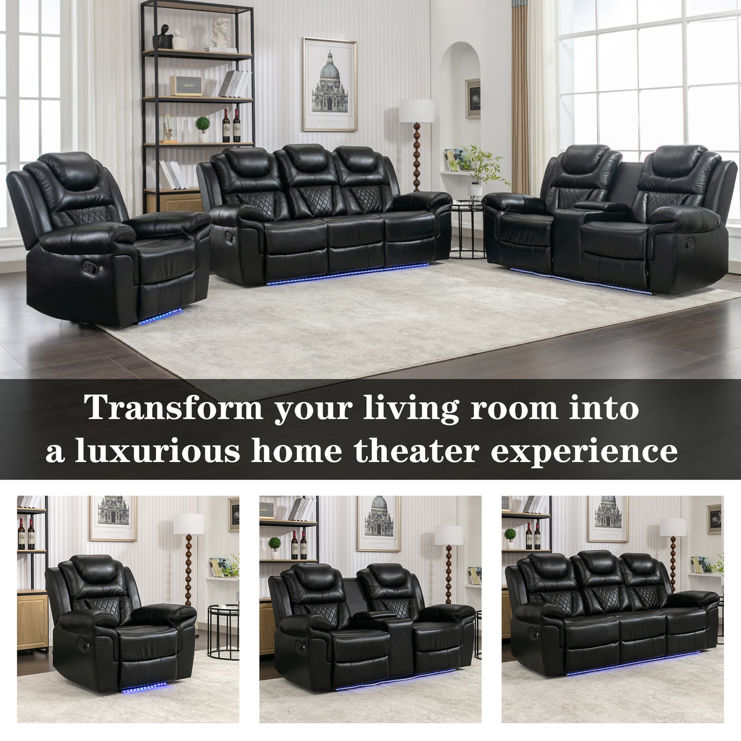 Milo 3 Pieces Recliner Sofa Sets - Black