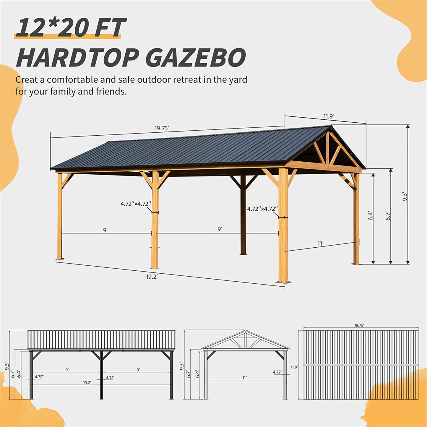 Almanza 12 X 20 ft Hardtop Gazebo with Wood Grain Aluminum Frame