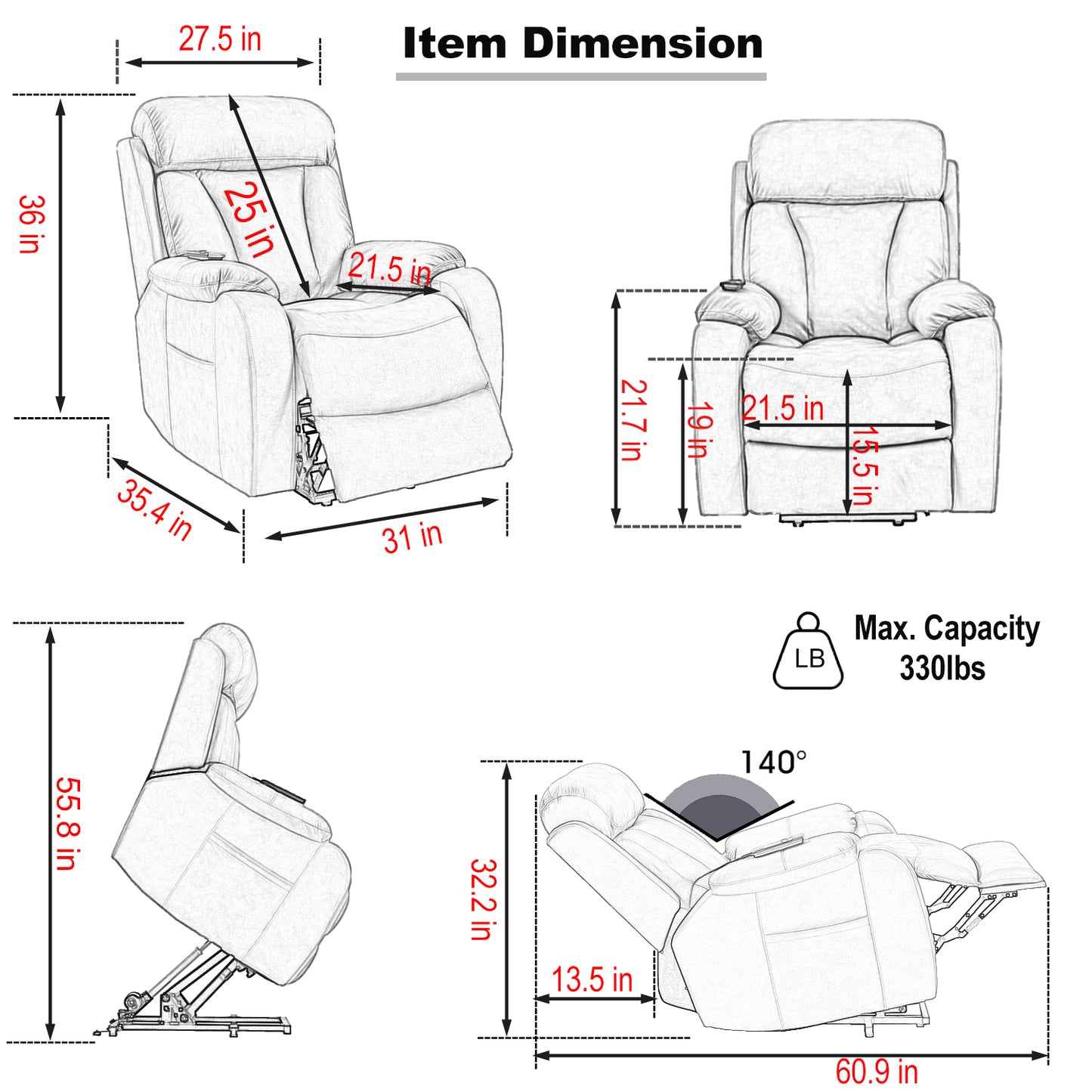 Rios Lift Chair Recliner - Dark Gray