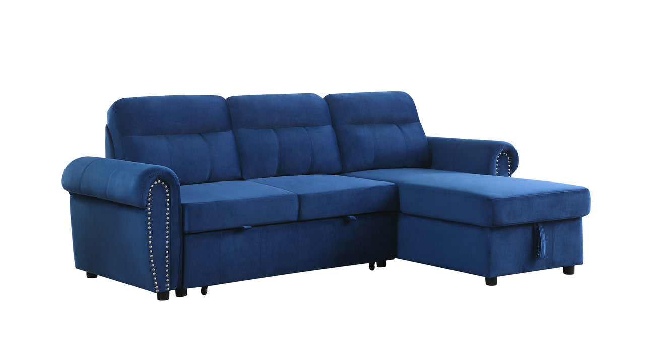 Ashton Velvet Fabric Reversible Sleeper Sectional Sofa Chaise - Blue