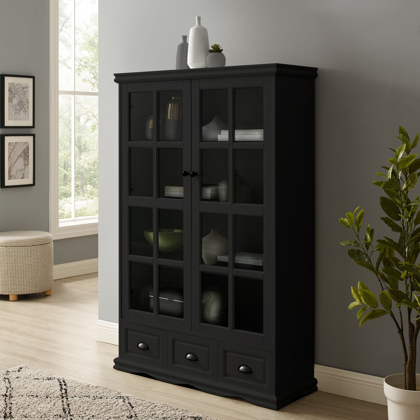 Seno Tempered Glass Doors Curio Cabinet - Black