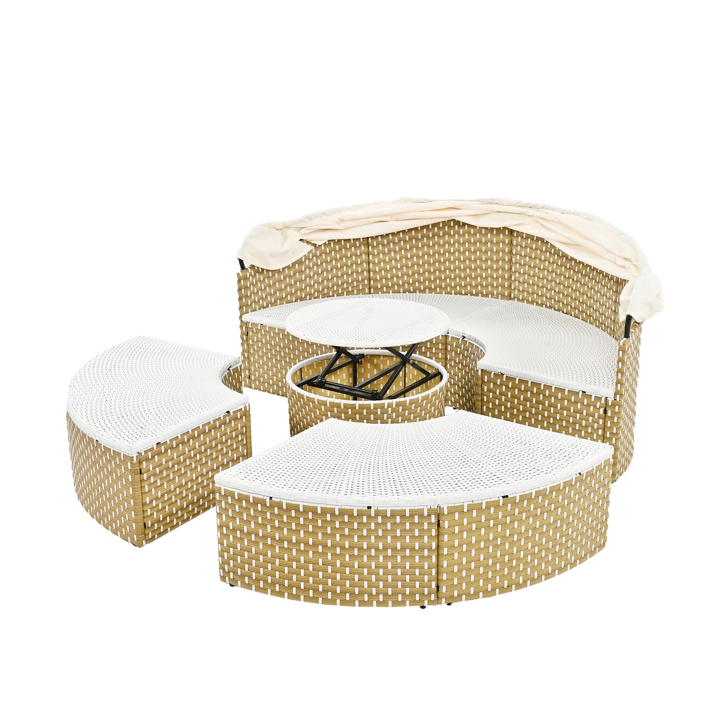 Malena 5 Pc Round Rattan Sectional Sofa Set with Retractable Canopy - Beige