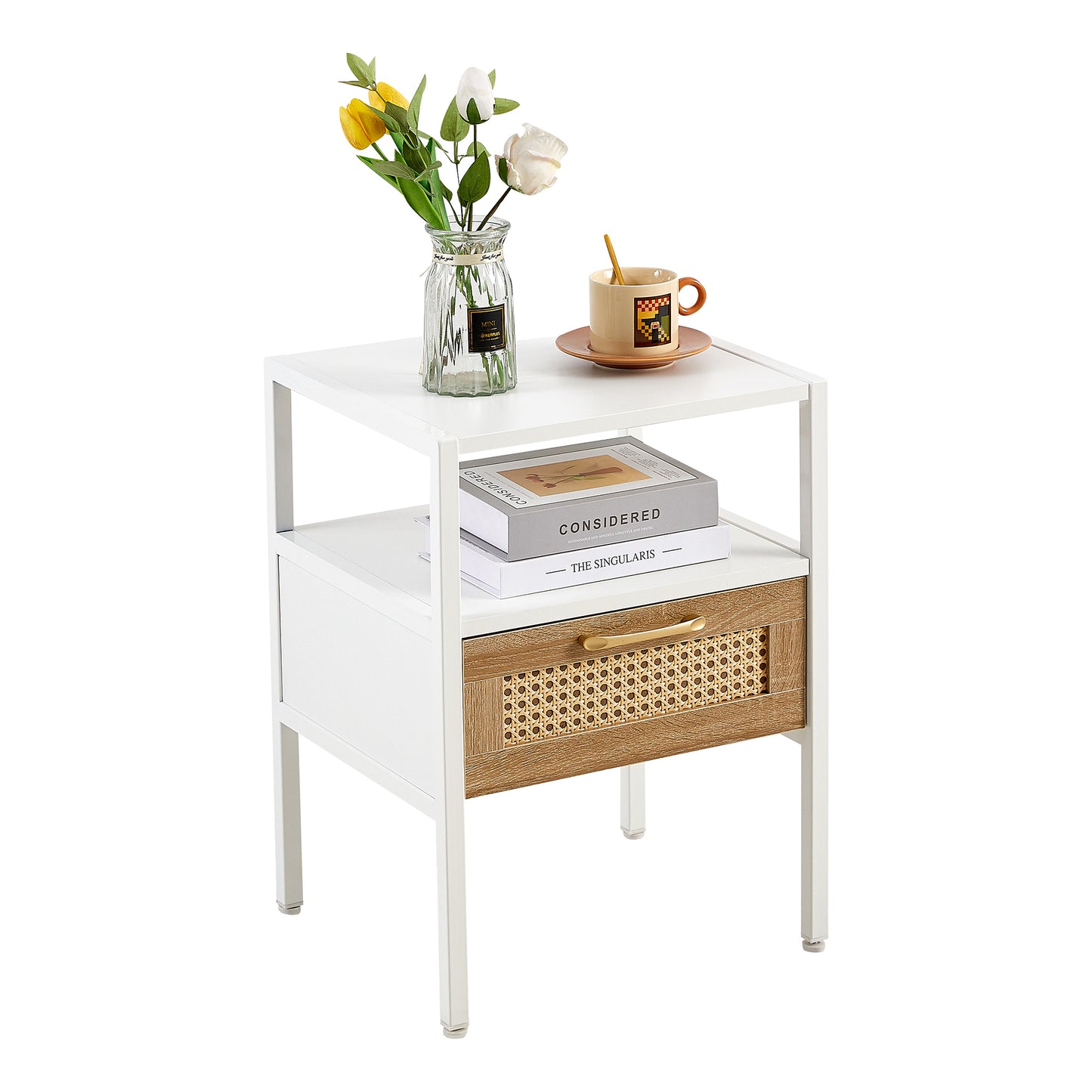 Rattan End table with  drawer Modern nightstand - White