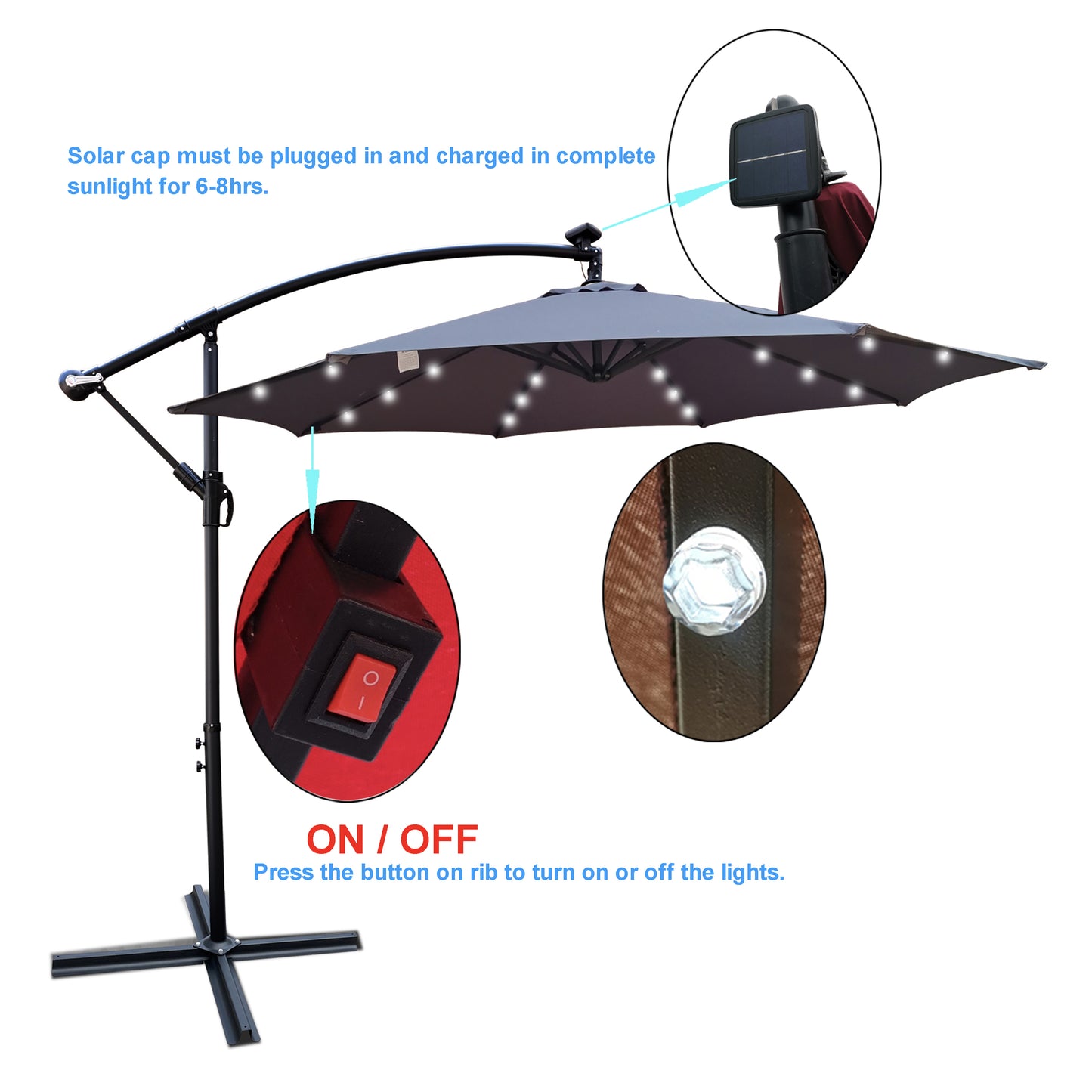 Alexa 10 ft Outdoor Umbrella Solar LED with Cross Base - Gray